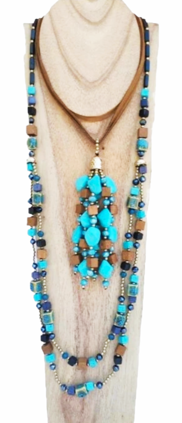 2 long necklaces in TURQUOISE BLUE color