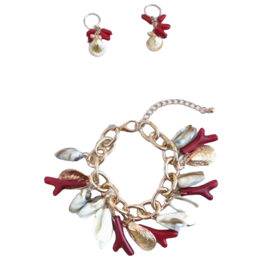 Pulsera + pendientes con charms de conchas y corales en ROJO y DORADO