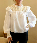 WHITE honeycomb blouse with gold thread and ruffle on the shoulder. One size. Novelty