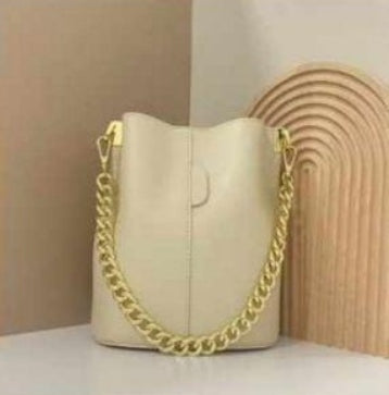 Leather bucket bag with gold chain + long handle. Available in 7 colors