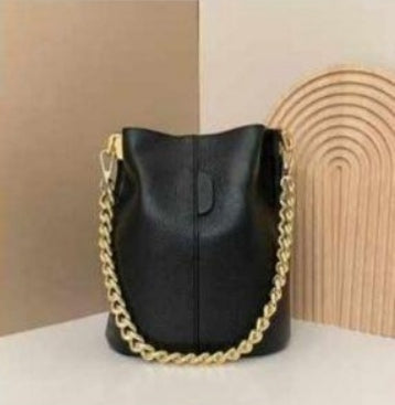 Leather bucket bag with gold chain + long handle. Available in 7 colors