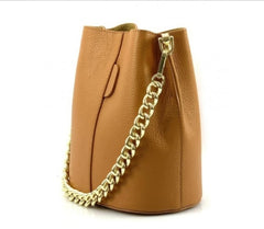 Leather bucket bag with gold chain + long handle. Available in 7 colors