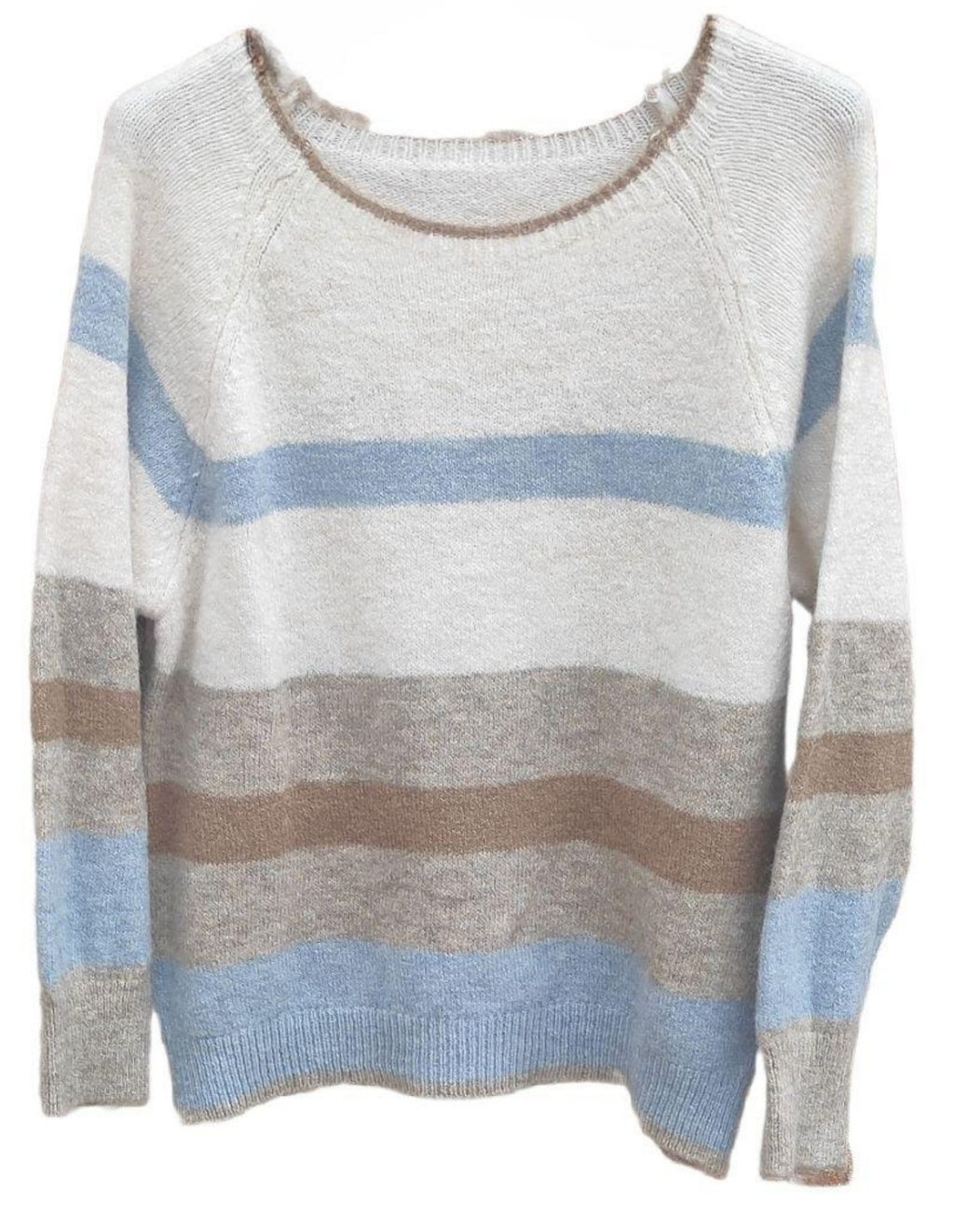 JERSEY de lana BEIS con rayas anchas MARRONES, AZUL y CAMEL.Talla unica