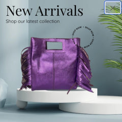 PURPLE metallic leather bag with fringes.