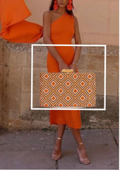 Bolso de fiesta en color NARANJA, NEGRO con brillantitos. Clutch