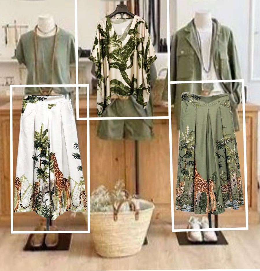 CONJUNTO: Falda pantalon con estampado safari. Colores: Negro, y blanco. Talla ÚNICA: da desde la 34 hasta la 40.
