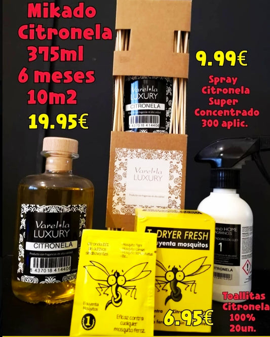 Pack ANTI MOSQUITOS SUPERCONCENTRADO de ALTISIMA CALIDAD: AMBIENTADOR SUPERCONCENTRADO + MIKADO + TOALLITAS 100 % de CITRONELLA.