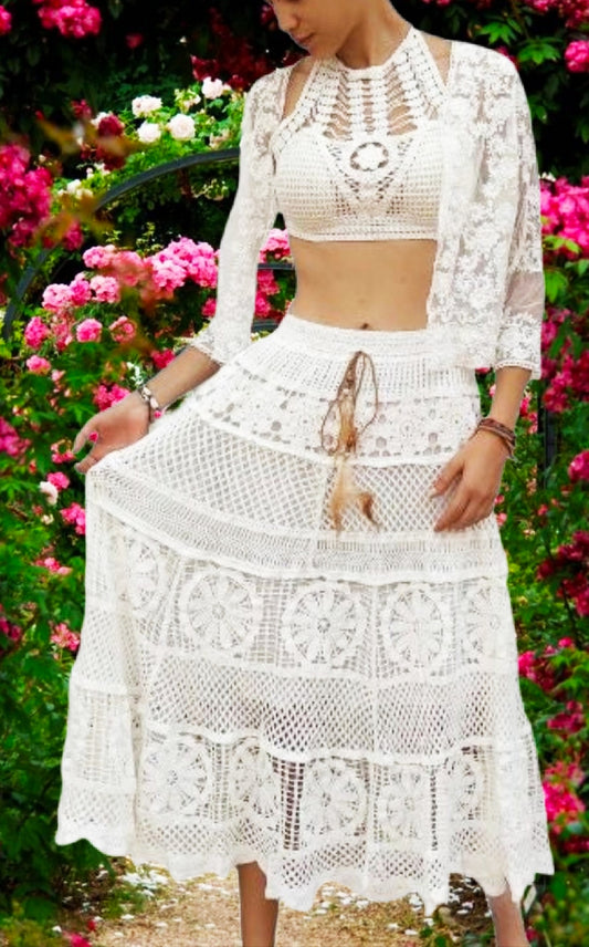 Long white crochet skirt