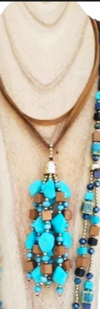 2 long necklaces in TURQUOISE BLUE color