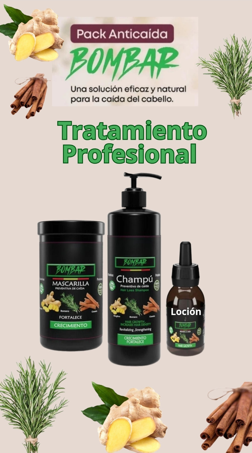 Pack anti caída del cabello. Con estractos naturales de jenjibre, romero y canela. Sin Parabenos ni Sulfatos. Cruelty free