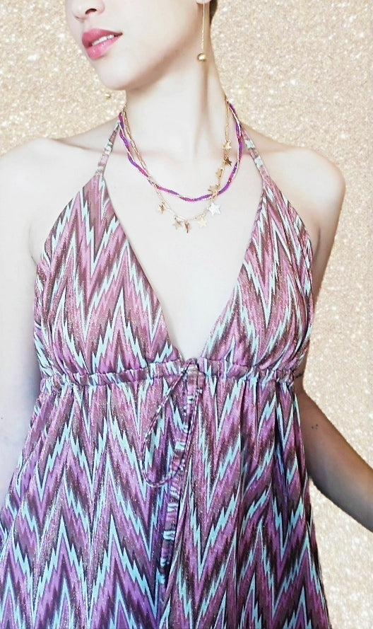 CONJUNTO Mod. Misson. Vestido largo. Lurex Dorado, granate y verde salvia. Talla única. Da hasta la 38