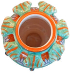 Jarrón de cerámica italiana de la Toscana. En tonos naranja, verde aguamarina y azul.  Hecho y pintado a mano. Es una pieza rara
