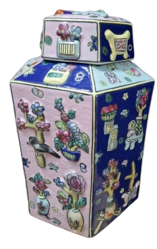 Espectacular jarrón vintage esmaltado, con relieves pintados a mano. Jarrón tipo tibor. Pieza original realizada en los años 70.