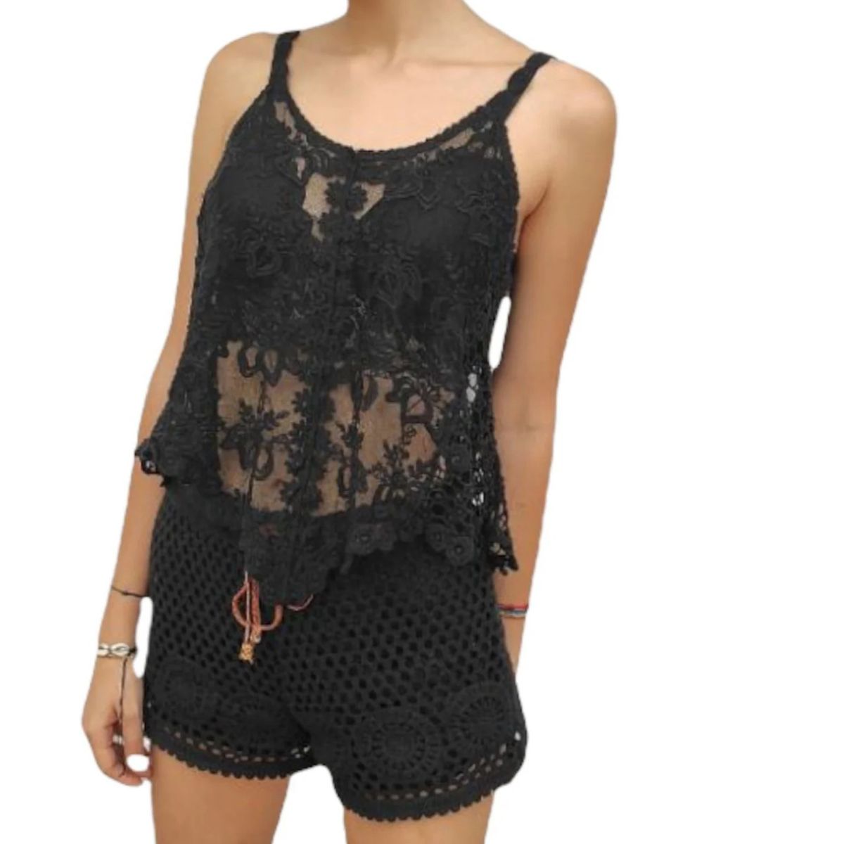 Crochet shorts + black lace top