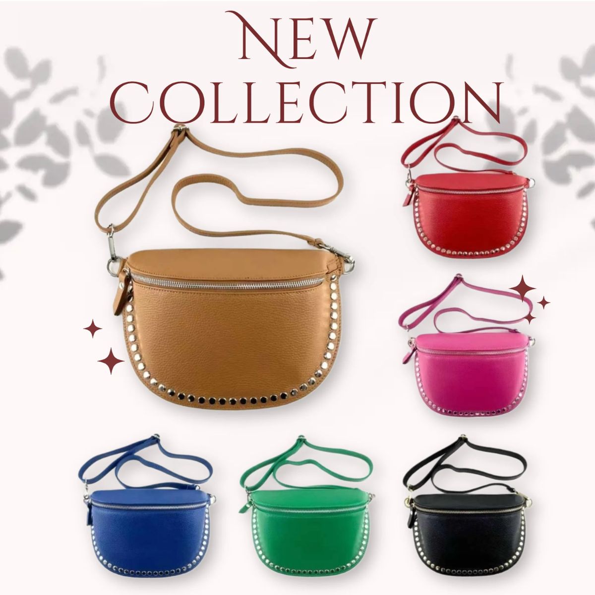 Large leather fanny pack with studs. NOVELTY. Available in 6 colors