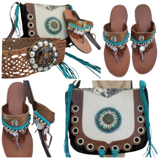 Sandalias de piel + bolso + cinturón boho (piel)