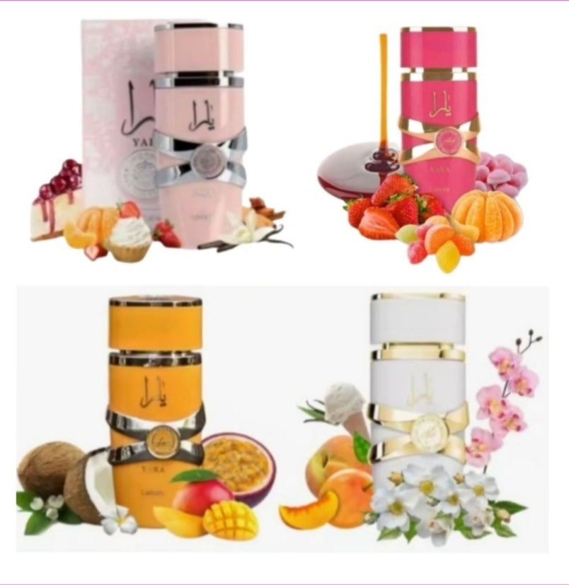 Pack 4 Perfumes YARA:  ROSA, MOI, TOUS y el nuevo CANDY.  Lataffa Original. 100 ml. Perfume árabe mujer. Alta durabilidad. Perfume seducción (copia)