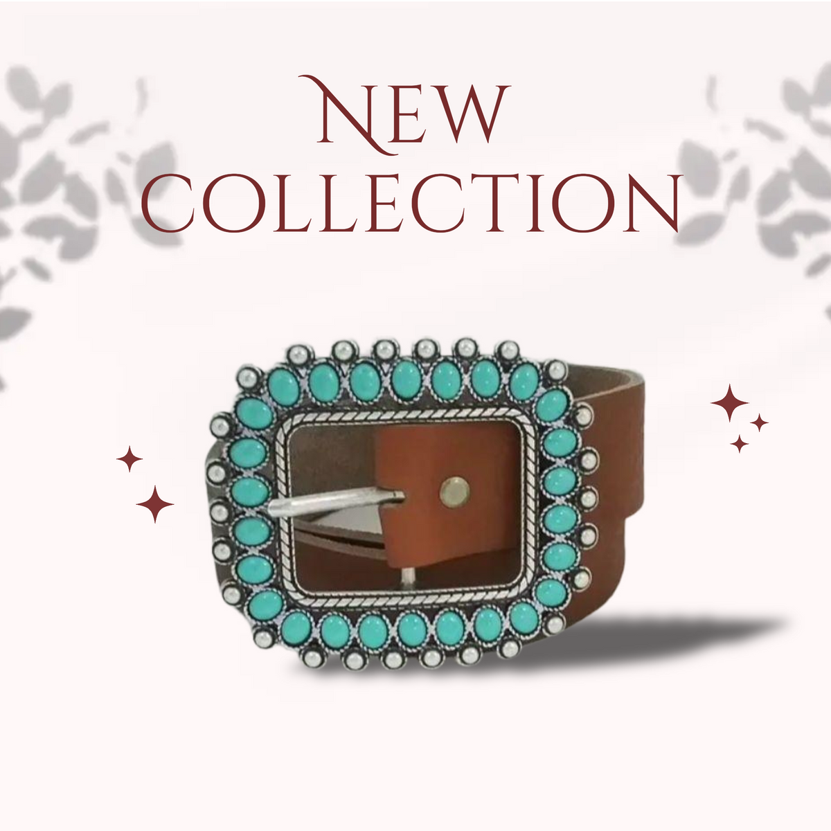 Leather belt with RECTANGULAR Buckle with turquoise imitation inlays.