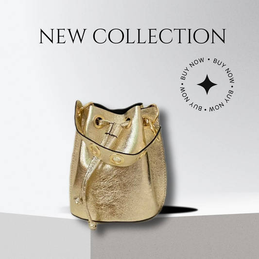 Leather bucket bag in GOLD, SILVER or BRONZE. Handle with eyelets + golden chain. Various colors available