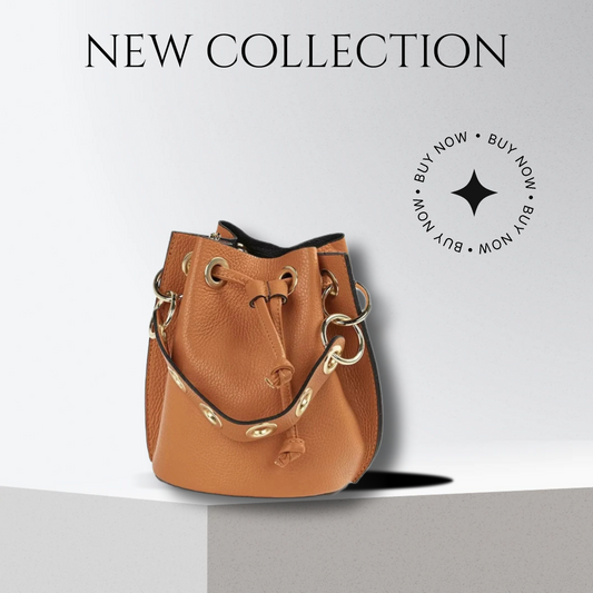 Leather bucket bag. Handle with eyelets + golden chain. Various colors available