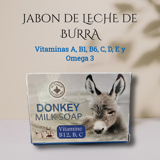 Jabón milenario de Leche de Burra. Con concentraciones muy altas de vitamina E, aminoácidos, vitaminas A, B1, B6, C, D, E y Omega 3. Fundamental en el cuidado de la piel