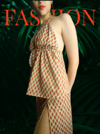 CONJUNTO Mod ROMA. Lurex Dorado, teja oscuro y verde salvia. Falda larga. Talla única. Da hasta la talla 38