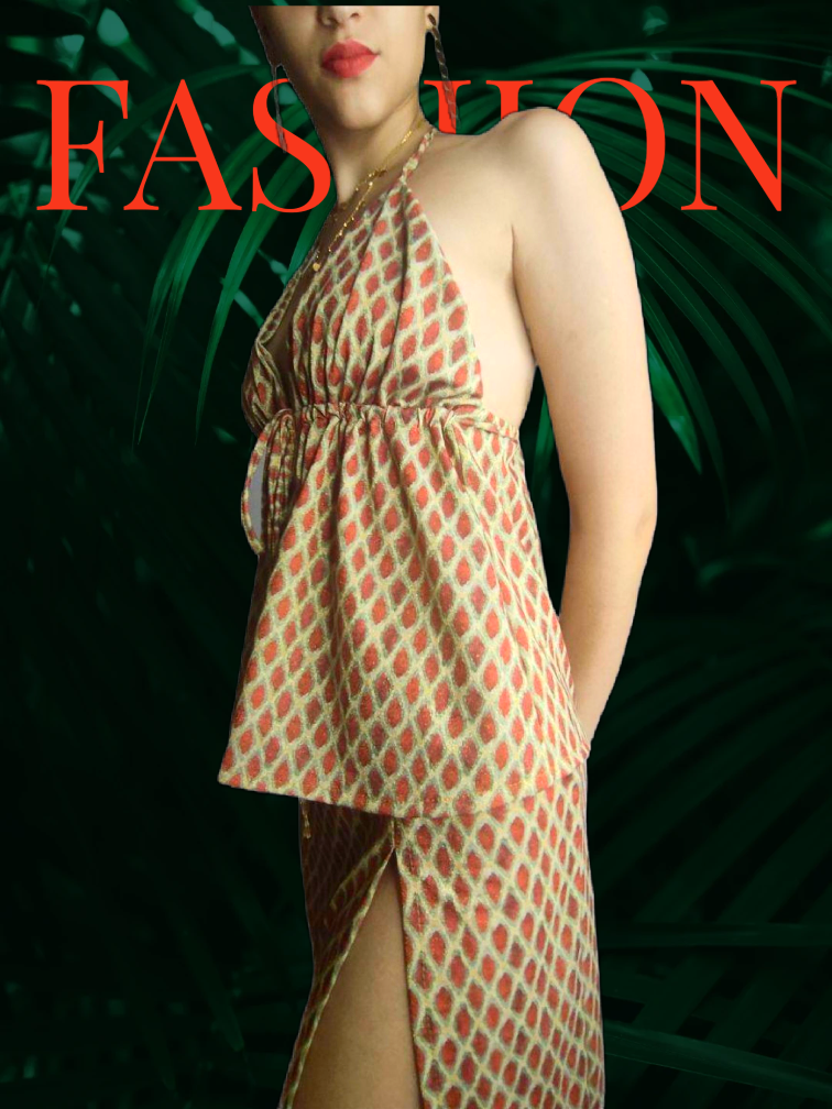 CONJUNTO Mod ROMA. Lurex Dorado, teja oscuro y verde salvia. Falda larga. Talla única. Da hasta la talla 38