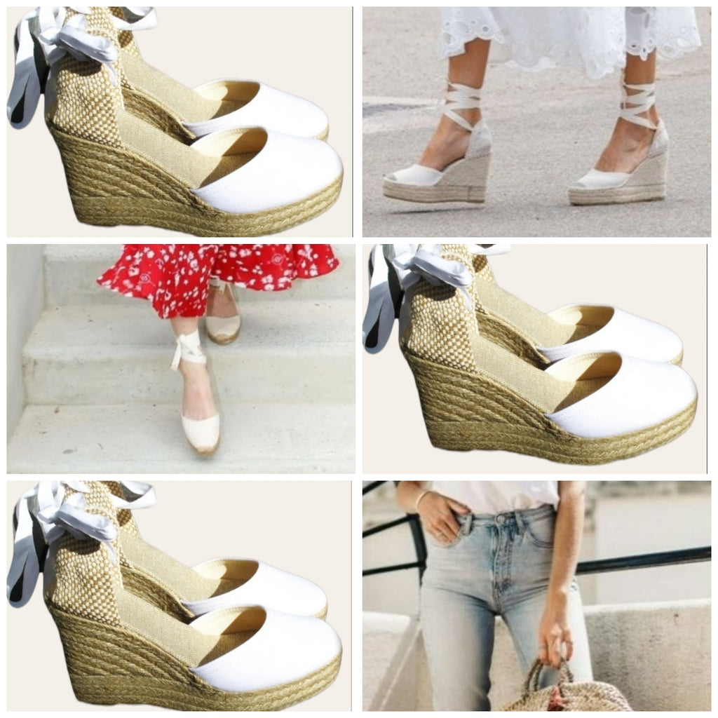 Alpargatas de NOVIA. Color BEIS de esparto de cuña alta. Se atan al tobillo. Hechas a mano en España, 100 % artesanas.