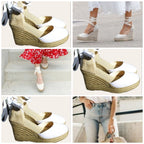 Alpargatas de NOVIA. Color BEIS de esparto de cuña alta. Se atan al tobillo. Hechas a mano en España, 100 % artesanas.