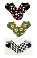 Pack 3 pares de Calcetines tobilleros: AGUACATES, GEOMÉTRICOS y HELADOS