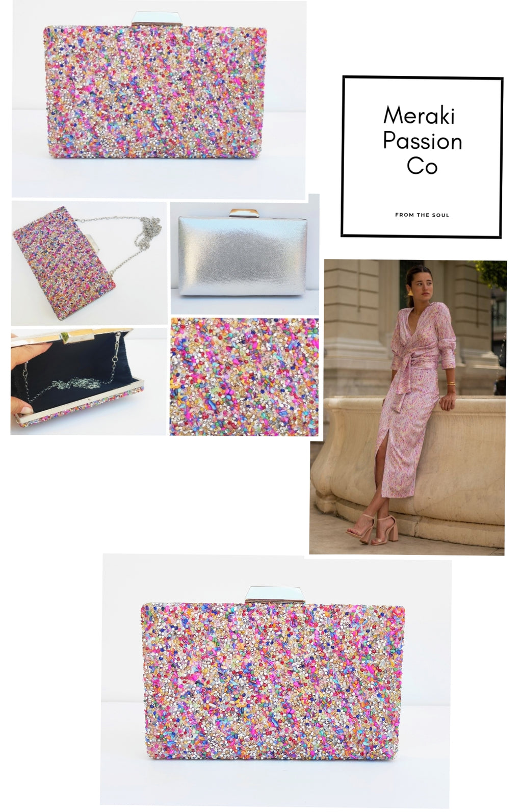 Bolso de fiesta. Clutch multicolor. Piedritas pequeñas con pequeños brillantitos.