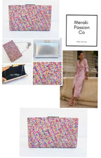 Bolso de fiesta. Clutch multicolor. Piedritas pequeñas con pequeños brillantitos.