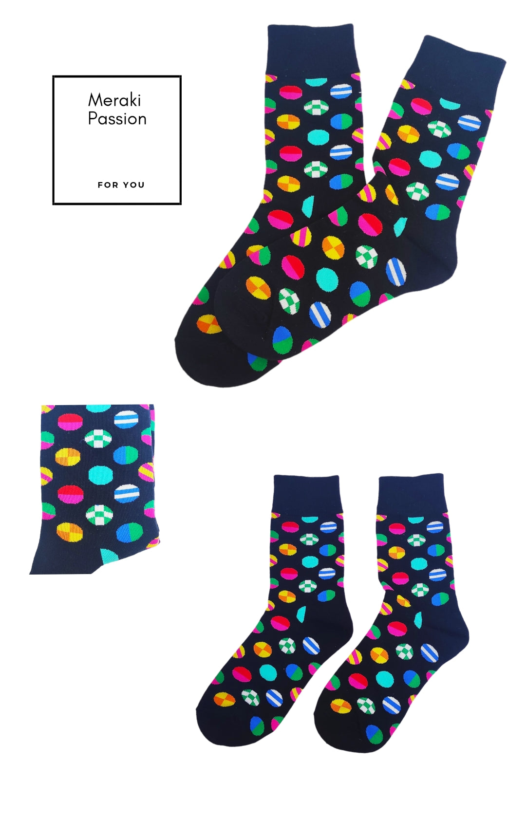Black socks printed with colored balls