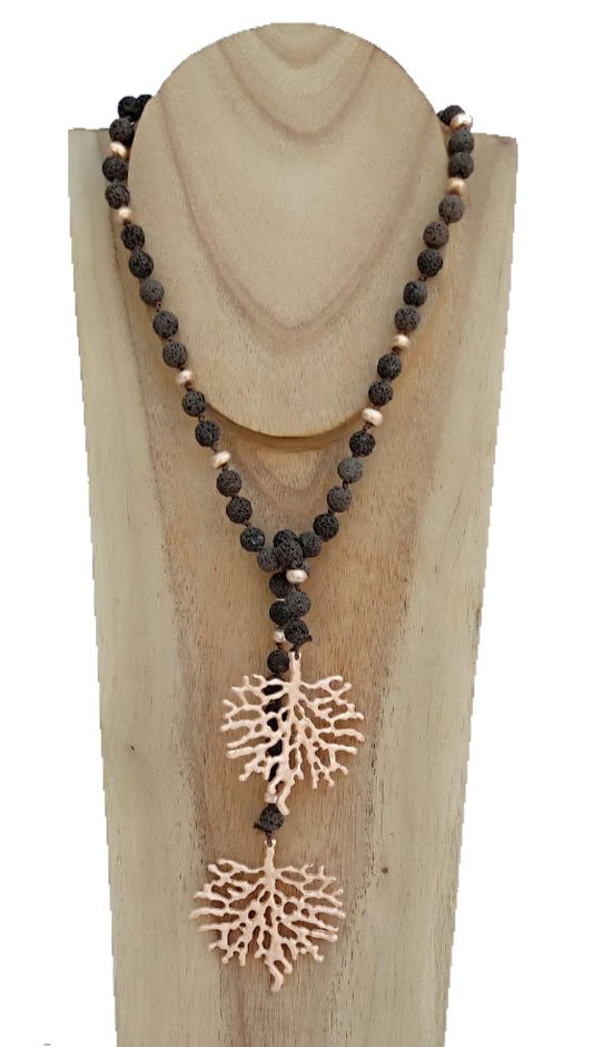 Long open necklace that allows multi-positions. In DARK BROWN color. Made of lava beads