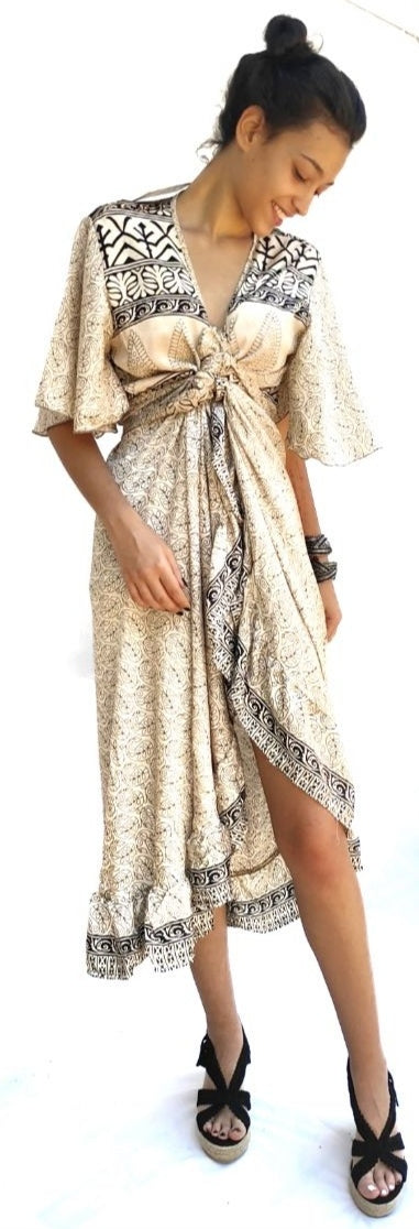 Long beige and black boho dress (silk touch)