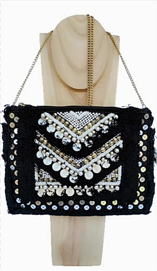 Black boho-chic bag with coins