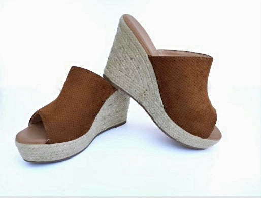 Camel color high wedge clog espadrille