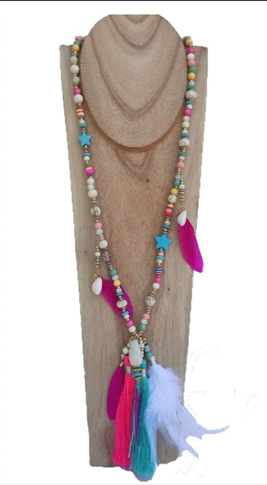 Long multicolor necklace in FUCHSIA AND WATER GREEN tones