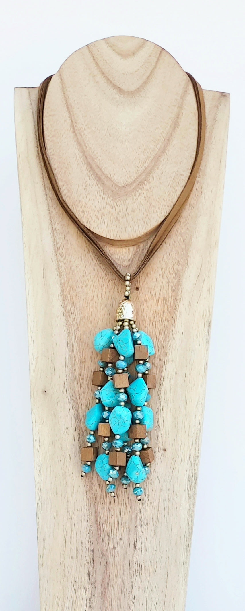 Turquoise blue and camel boho long necklace