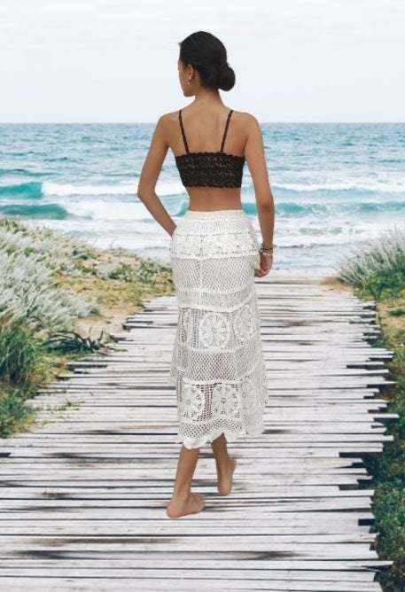 Long white crochet skirt