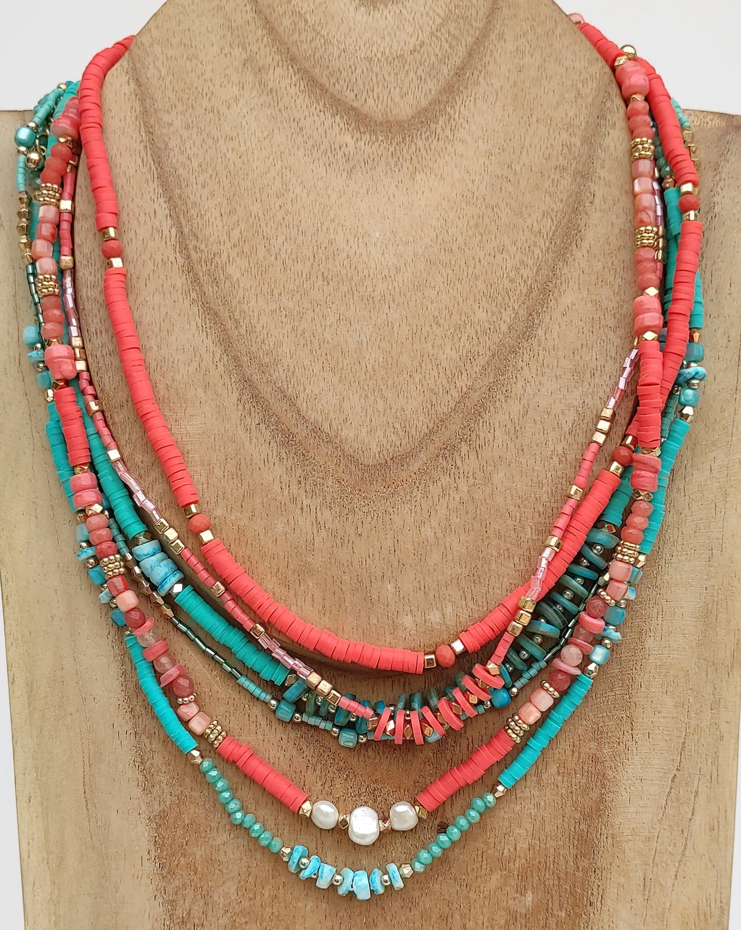 6 Combined necklaces in TURQUOISE BLUE and SALMON