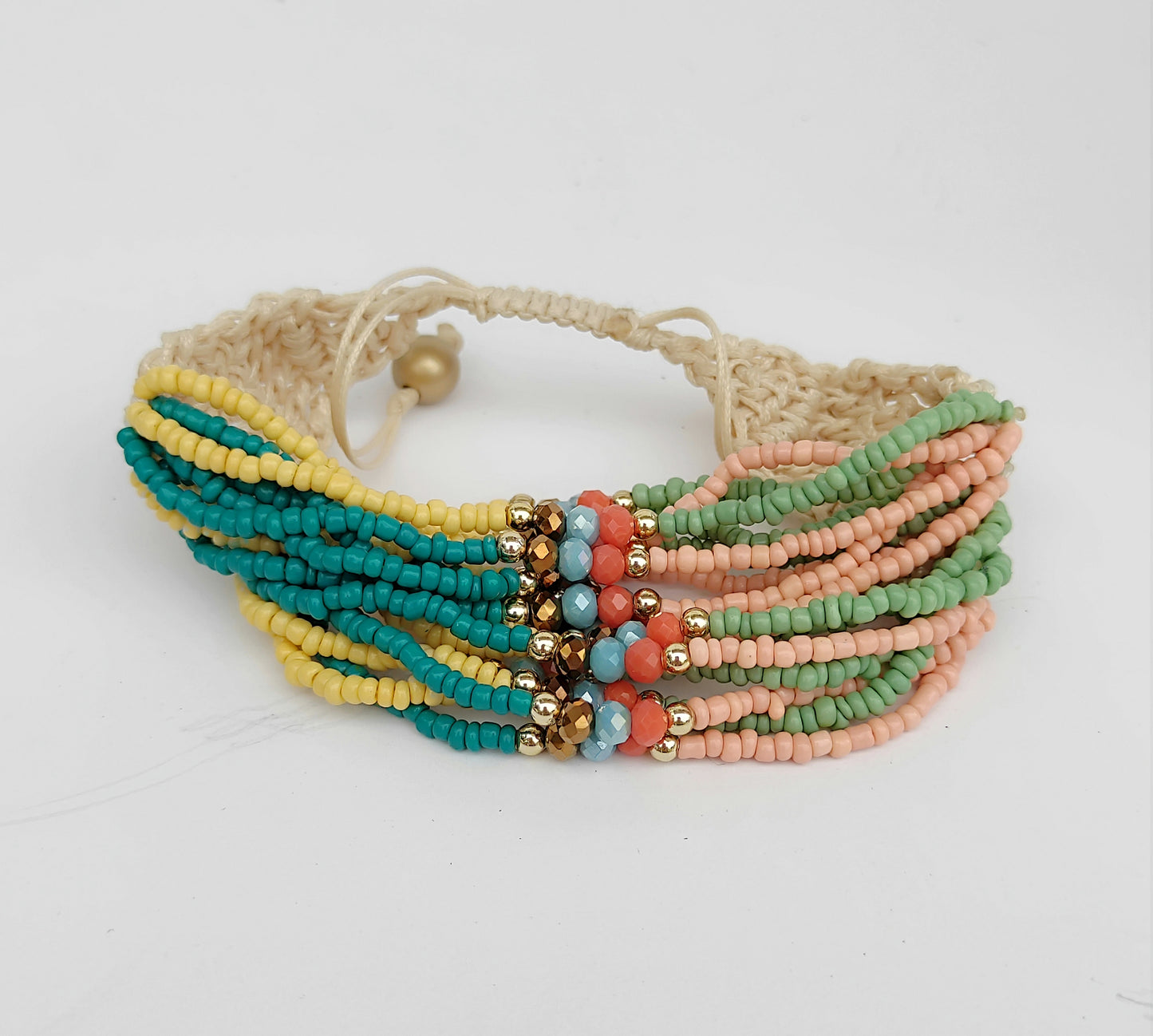 Multicolored crochet, glass and beads bracelet