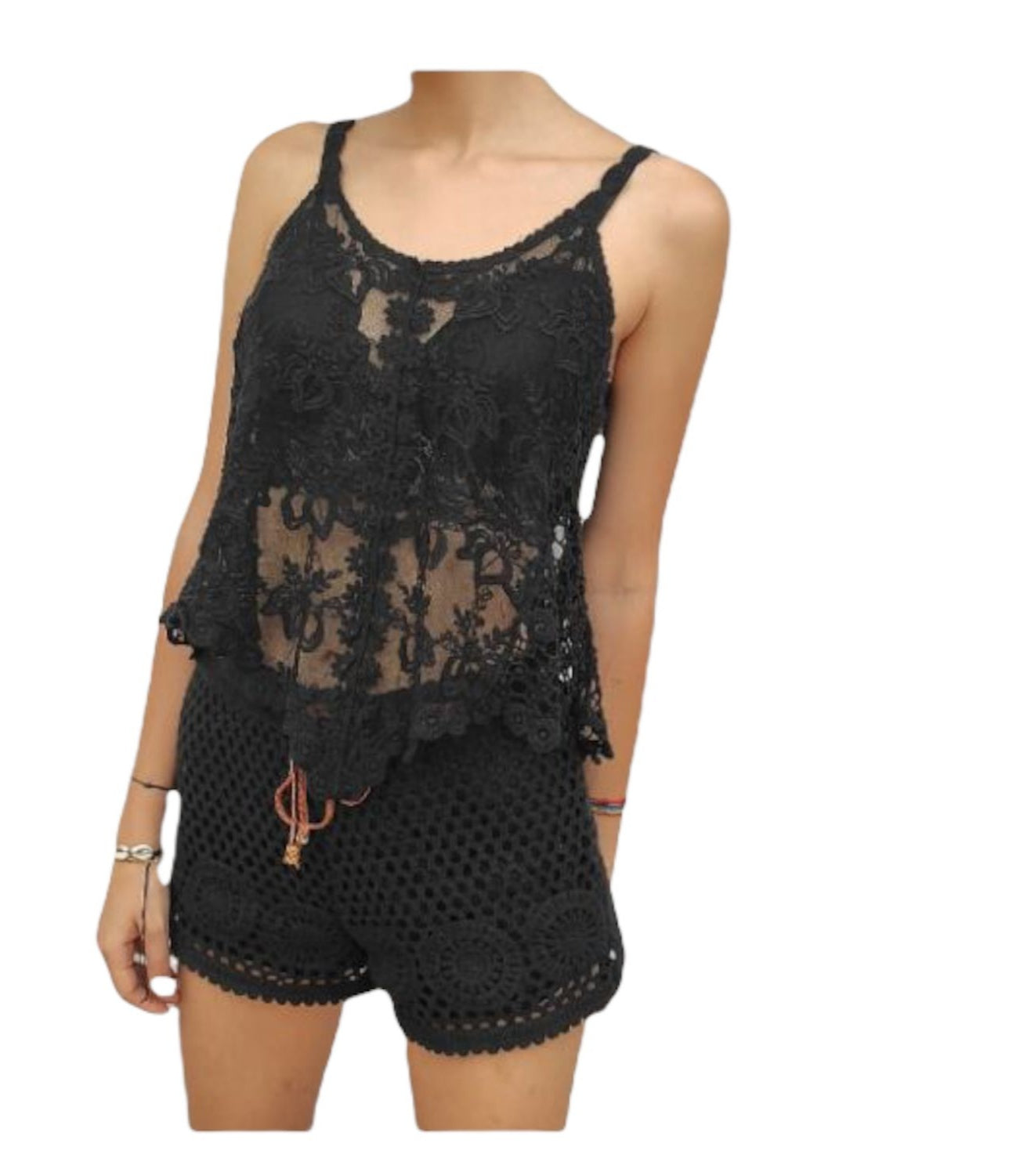 Crochet shorts + black lace top