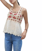 Crochet and cotton top in warm colors