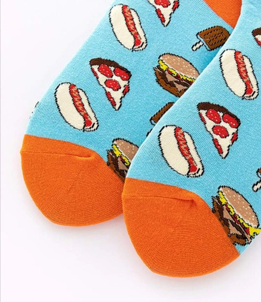 Calcetines divertidos, cortos. Estampado de HAMBURGUESAS, PIZZAS y PERRITOS.