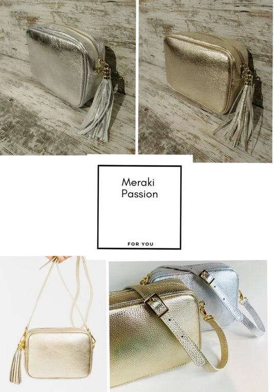 Bolso bandolera de piel. Color oro o plata. GENUINE LEATHER BAG