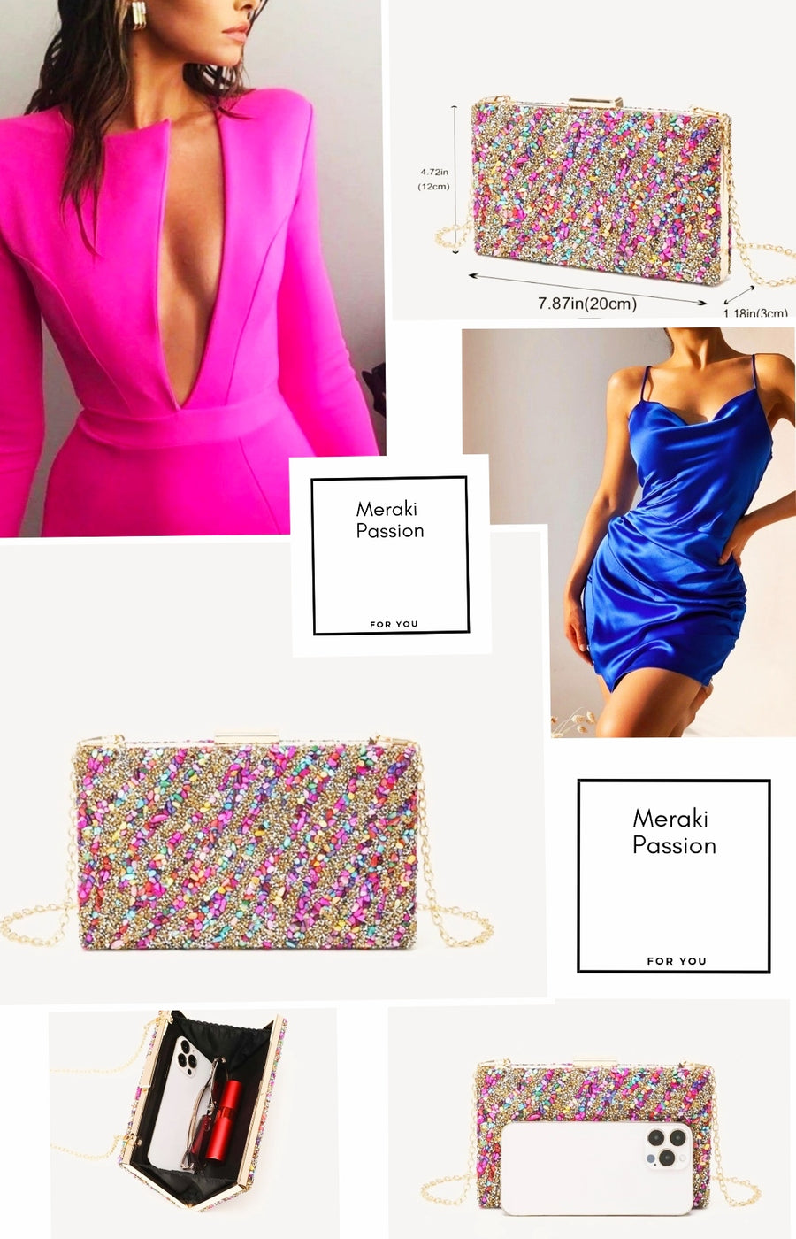 Bolso de fiesta. Clutch multicolor. Piedritas pequeñas con pequeños brillantitos.