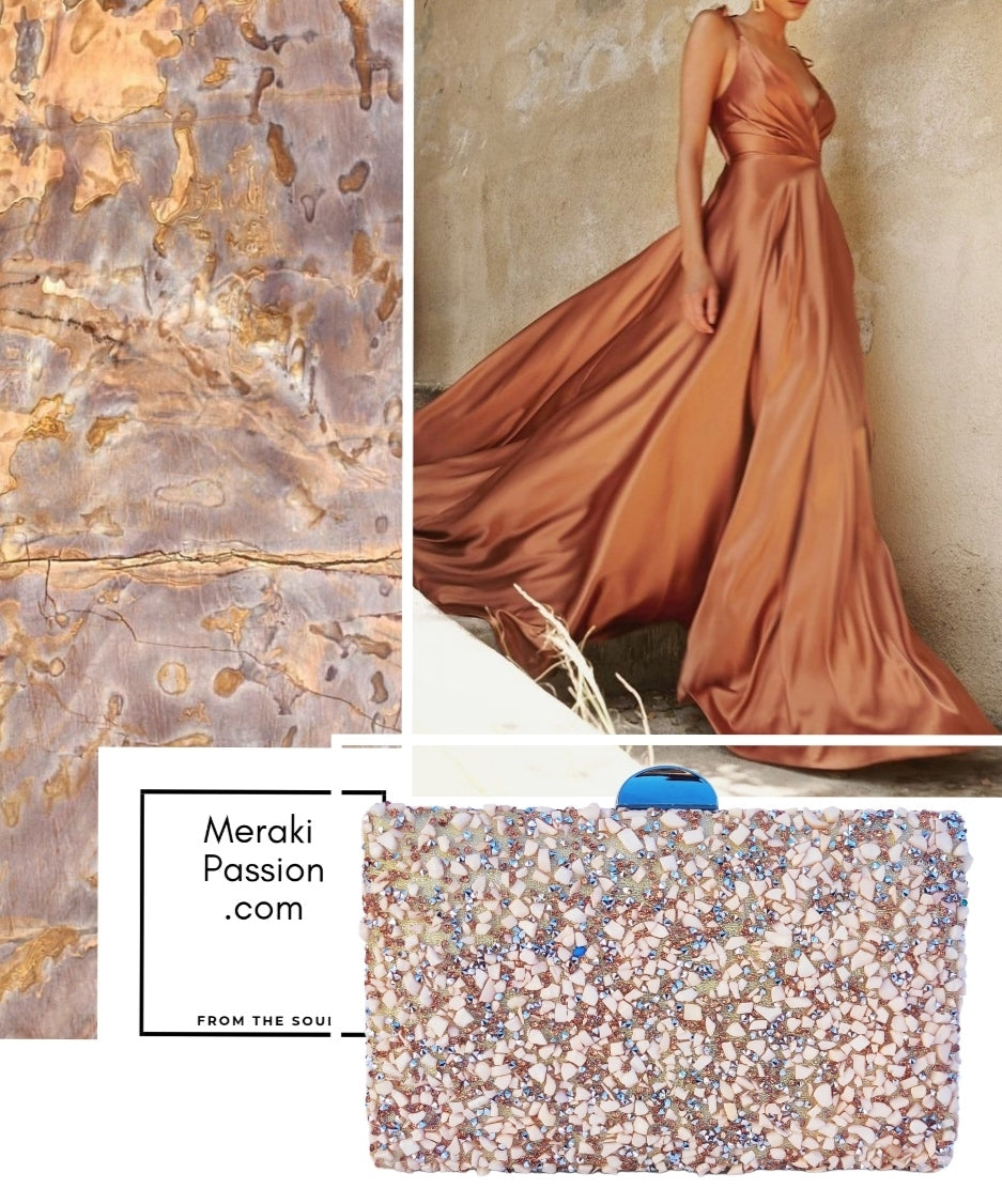 Bolso de fiesta. Clutch de color Nude, Dorado y Plata con suaves piedras y brillantes.Bolso de fiesta