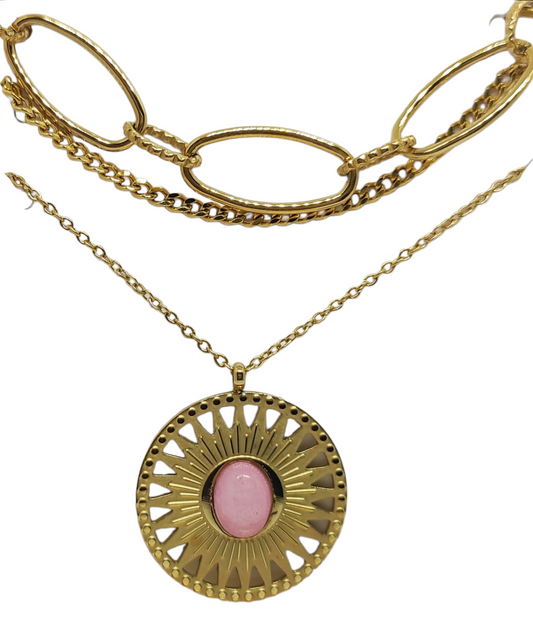 3 Collares de Acero Inoxidable ORO , con decoración en rosa empolvado