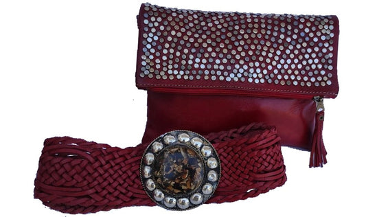 Leather shoulder bag. Decorated with studs + wide maroon leather belt